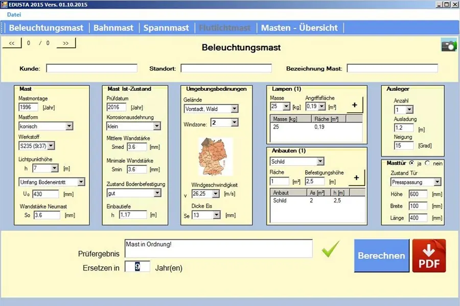 Bildschirmansicht der Statiksoftware EDUSTA für einen Beleuchtungsmast